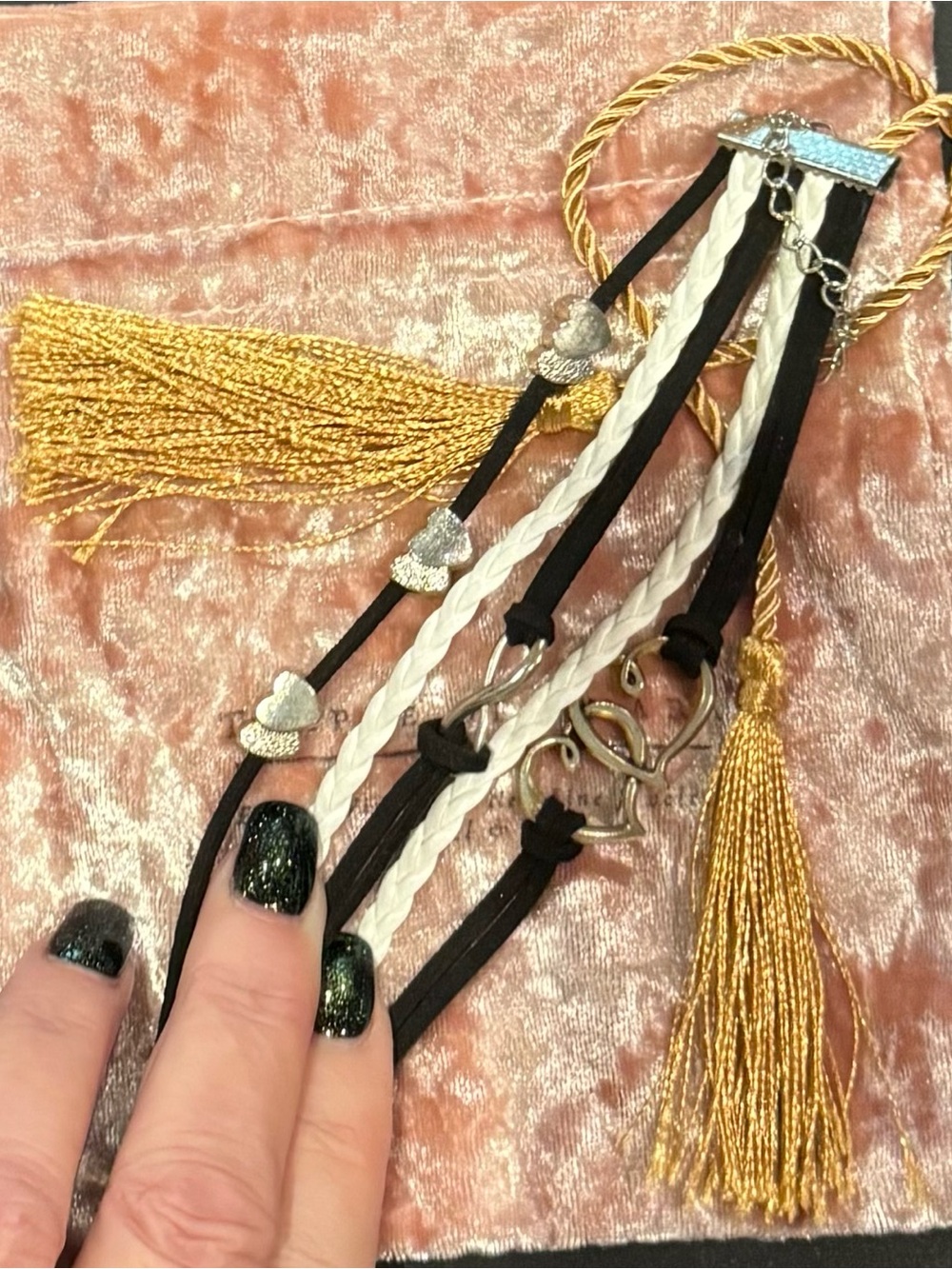 Multi-Strand Heart & Deer Charm Bracelet with Gold Tassels - Black & White